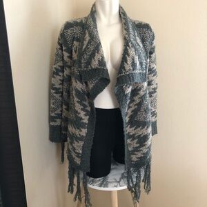 Miss Me Green and Cream Patterned Fringe Cardigan